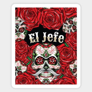 El Jefe Sugar Skull Red Roses Magnet